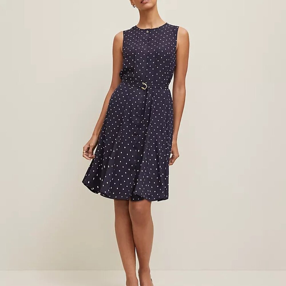 Ann Taylor Navy Dotted Belted Flare Dress  | 4 Petite | Worn Once | Dry Cleaned
